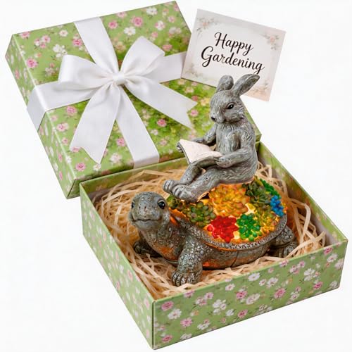 TERESA'S COLLECTIONS Rabbit Turtle Garden Decor with Solar Light 6.3" - size: Medium