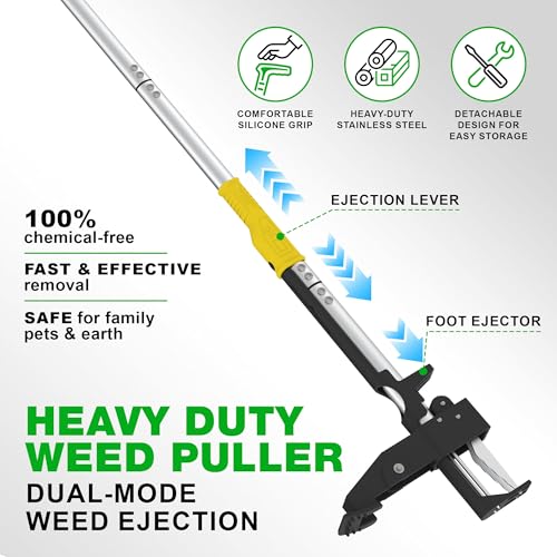 Stand Up Weed Puller Tool, 41" Heavy Duty Manual Garden Tools with Eject Mechanism Long Handle Weed Removal Tool with 4 Claw Steel Head for Yard Dandelion Crabgrass