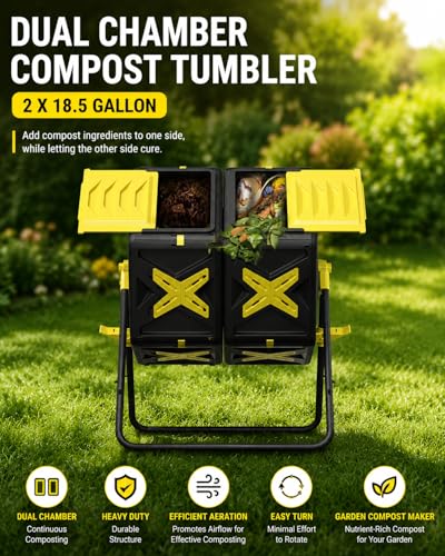 Compost Bin Outdoor - 2 X 18.5 Gal Dual Chamber Compost Tumbler, Outdoor Rotating Composter with Easy-Turn, Fast-Working System - size: 2 x 18.5 Gal