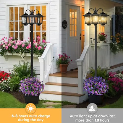 3-Head Solar Lamp Post with Planter, 74" Solar Lamp Post Light - size: Clear Frame