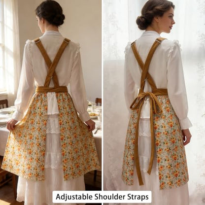 Pinafore Apron Dress for Women with Pockets Adjustable Floral Kitchen Apron - color: Beige