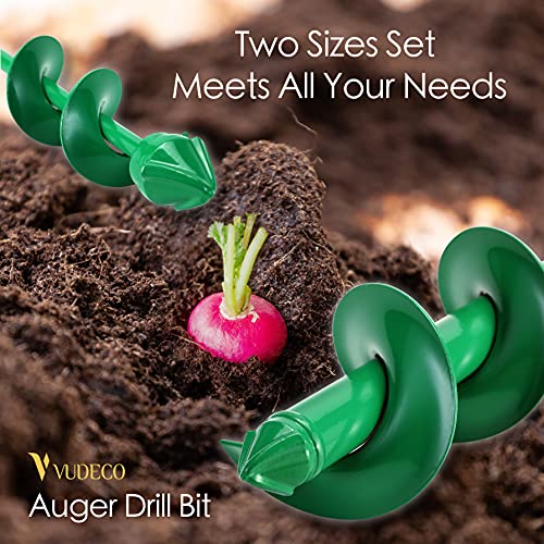 VUDECO Garden Auger Drill Bit for Cordless Drill - 2 PCS, Bulb Planter Tool, Spiral Drill Bit, Earth Planting Auger - Green