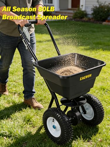 Broadcast Spreader, Capacity Lawn Spreader & Fertilizer Spreader, Rustproof Poly Hopper, Adjustable Drop Rate, All-Terrain Pneumatic Tires, Epoxy-Coated Frame for Lawn Care (80lb) - size: 80lb