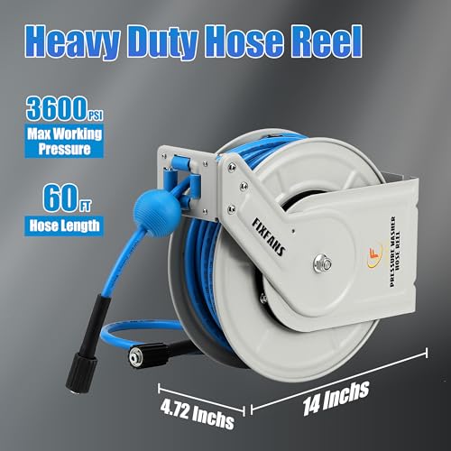 FIXFANS Pressure Washer Hose Reel with Hose, 1/4" × 60ft, Retractable - size: 60 FT