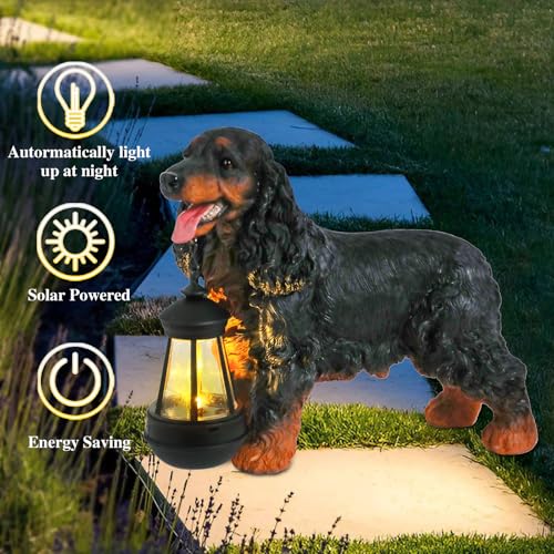 Solar Cocker Spaniel Dog Statue with Lantern, Outdoor Garden Figurine Light - style: BK American Cocker Spaniel