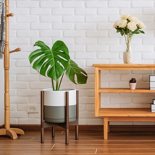 D'vine Dev Ceramic Pot with Walnut Wood Stand, White/Grey, 10 in, 55-B-X-6 - color: White/Grey Pot + Walnut Color Stand, size: 10 Inch