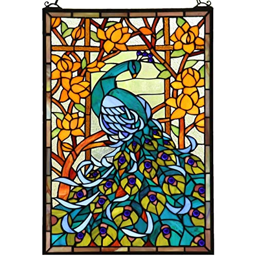 Bieye W10011 Peacock Tiffany Style Stained Glass Window Panel, Blue - size: 15"W x 23"H Rectangular