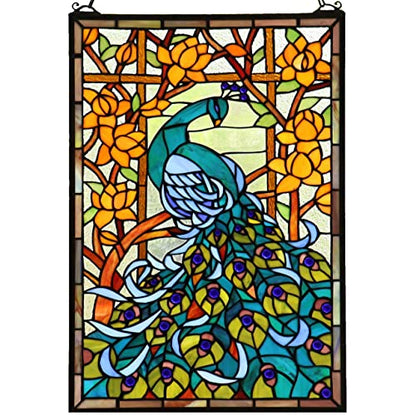 Bieye W10011 Peacock Tiffany Style Stained Glass Window Panel, Blue - size: 15"W x 23"H Rectangular