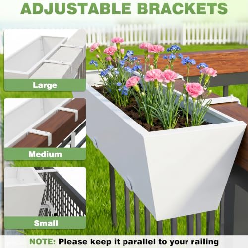2PC White Railing Planter for Outdoor Plants 36 Inch Metal Hanging Planters Pots with Adjustable Brackets and Drainage Railing Planter Boxes Hanging Flower Pots for Balcony Deck Railings Patio Dec - color: White
