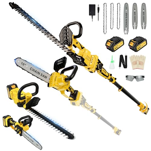 8"/ 10” Cordless Pole Saw + 20" Pole Hedge Trimmer Combo (Great for Pruning and Trimming Branches/Shrubs), Mini Chainsaw & Hedge Trimmer with Telescopic Pole, 15ft MAX Reach, 2 Pcs 3.0Ah Batteries - color: Mustard