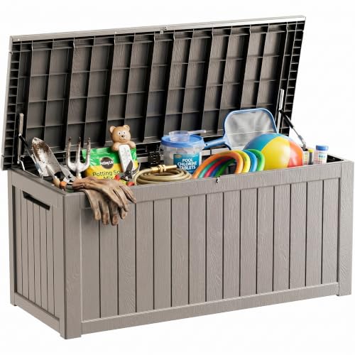 300 Gallon Deck Boxes Outdoor Waterproof, Outdoor Storage Box with Lockable Lid & UV-Resistant for Patio Furniture, Outdoor Cushions, Garden Tools and Pool Supplies, Light Brown - color: Light Brown, size: 300 GAL