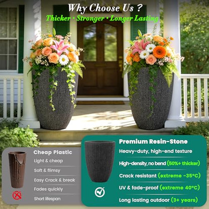 19" Black Concrete-Look Resin Tall Planters with Fluted Texture - color: 19"h-mediterranean Black