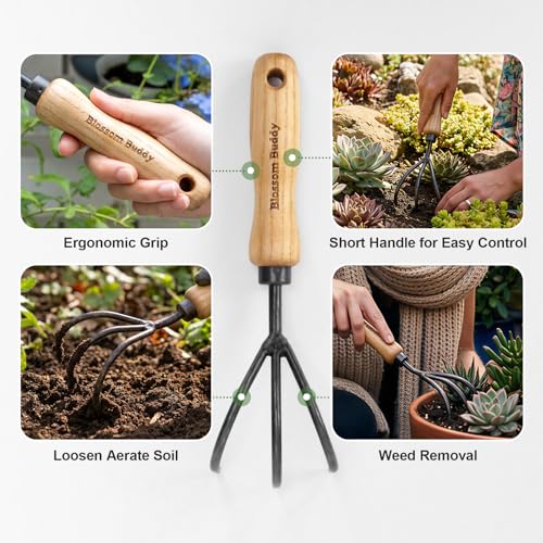 Hand Cultivator, 3-Tine Garden Rake Manual Tiller with Ergonomic Handle