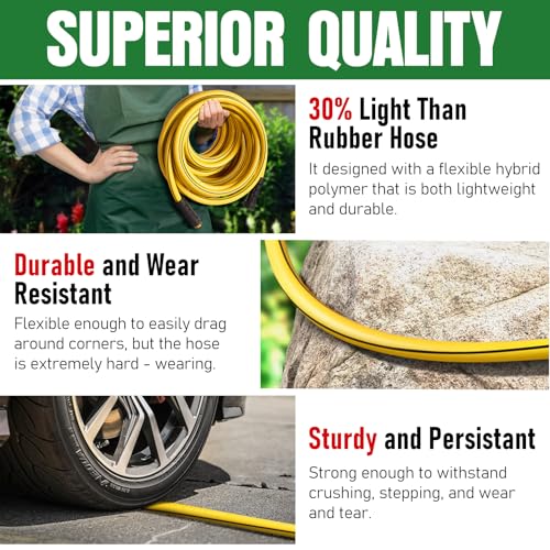 Heavy Duty Garden Hose 75ft, NON-EXPANDABLE Flexible Water Hose, Kink Resistant Lightweight Hybrid Hose, Leakproof Hose Male to Female Fittings - color: Black+Yellow, size: 75ft