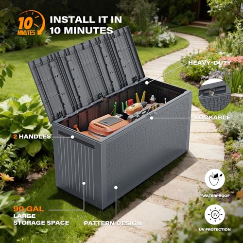 VINGLI 90 Gallon Lockable Durable Outdoor Storage Box, Grey - color: Gray