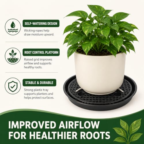 Self Watering Plant Saucers 4 Pack, 13.6 Inch Plastic Plant Saucers with Raised Grid Platforms and 8 Wicking Ropes, for Plant Pots, Fabric Grow Bags, Indoor and Patio Planters, Black
