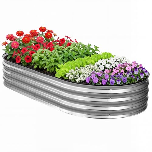 DUMOS Galvanized Raised Garden Bed, Outdoor Planter Box, 6x3x1ft - color: Silver (Oval), size: 6×3×1ft
