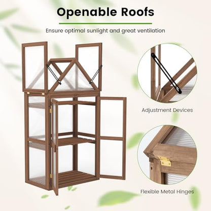 Happygrill Cold Frame, Mini Wooden Green House w/Transparent Openable Roof