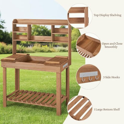 Yaheetech Outdoor Potting Bench, Sink, Display Rack & Storage Shelf,Brown