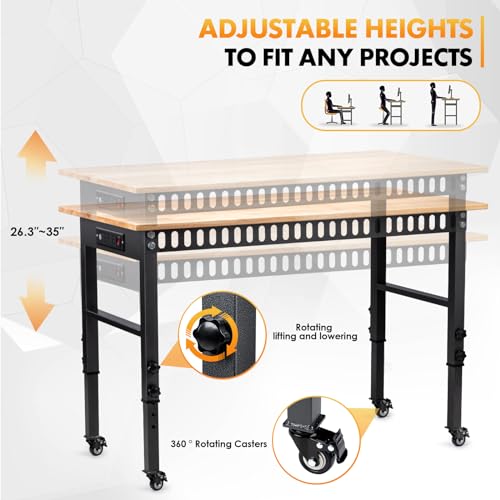 48" Adjustable Workbench, Work Table with Wheels and Power Outlet