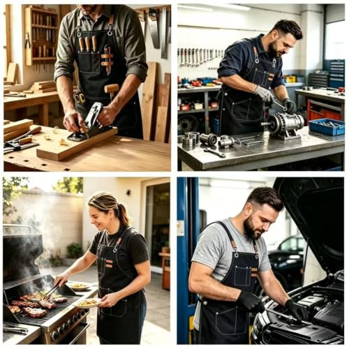 Canvas Tool Apron, Heavy Duty Multi-Pocket, Crossback Adjustable - color: Black