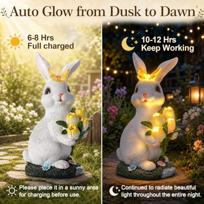 Solar Rabbit Statue Waterproof LED Flower Bouquet Garden Decor - color: White