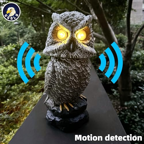 Solar Powered Owl with Motion Detection, Silent Mode, Flashing Eyes, Rotatable Head and Realistic Hoots, Plastic Owl Decoration for Home, Garden, Patio and Fence