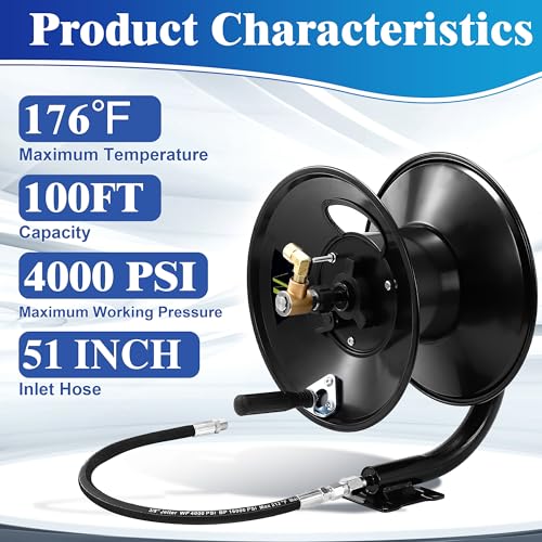 M MINGLE Pressure Washer Hose Reel 100ft x 3/8" / 150ft x 1/4", 4000 PSI - size: 100FT
