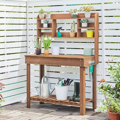 Topeakmart Wooden Garden Workbench with Display Rack and Open Storage,Brown