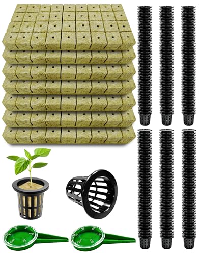 Natural Hydroponic Growing Kit for Soilless & Hydroponic Cultivation - Includes 252 Rockwool Cubes (1.2 in), 252 Hydroponic Net Pots (2 in), and 2 Planting Spoons