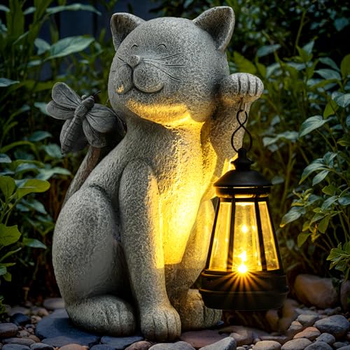 Solar Garden Outdoor Statues Cat with Solar Lantern,Outdoor Cat Figurines Decorations,Lawn Home Decor for Patio, Balcony, Yard Ornament,Unique Housewarming and Birthdays Gifts for Mom Women Grandma - color: Grey 03 Cat