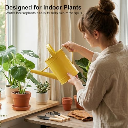 DUSVALLY Metal Watering Can, 55 oz Outdoor Plant Watering Can, Yellow