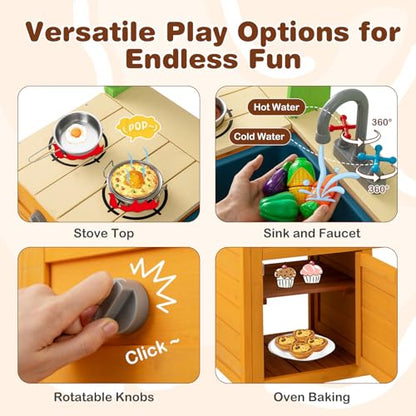 Costzon Mud Kitchen for Kids Outdoor, Wooden Play Kitchen w/Stoves, Removable Sink, Faucet, Oven, Cooking Accessories, Storage Shelves, Montessori Pretend Kitchen Playset for Girls&Boys 3+ Years Old - style: with Storage Shelf