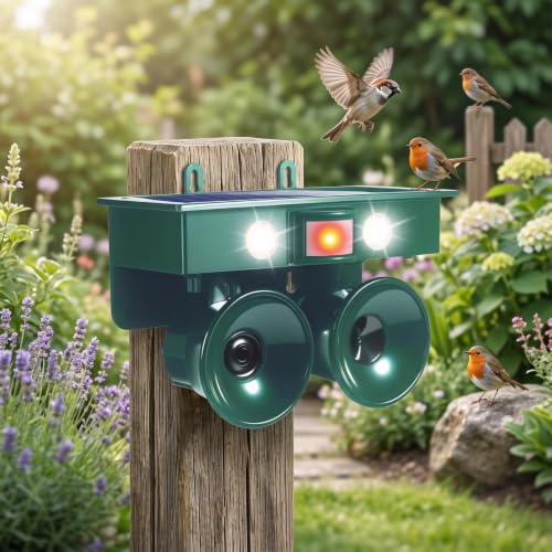 Solar Bird Repeller, Ultrasonic Bird Deterrent with Flashing Light for Outdoor Yard Garden