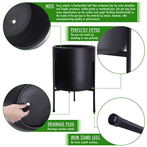 D'vine Dev Cylinder Planter Pot with Metal Stand, Black, 12 in, 96-T-B-3 - color: Black, size: Large 12 Inch