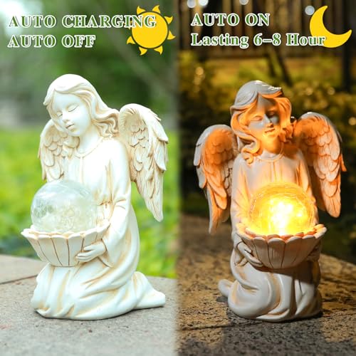 Angel Garden Statues, Outdoor Angel Holding Lotus with Crackled Glass Globe - style: Lotus