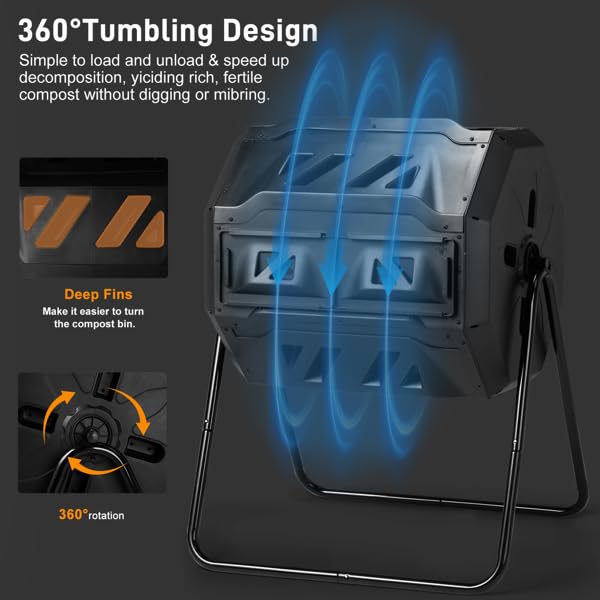 42-Gal Dual Chamber Compost Tumbler Outdoor, 360° Rotating Compost Bin with Steel Frame, Aeration System & 2 Sliding Doors for Kitchen, Garden, Yard - Black