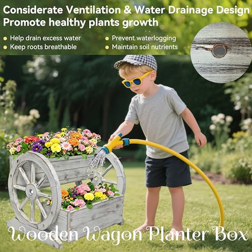 NestNature Wooden Wagon Planter Box|Raised Garden Bed W/Wheels for Plants - color: Antique White, size: Classic-2Tier
