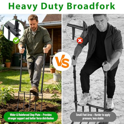 Broadfork, 12" Long 5-Tine Broadfork Gardening Tool for Gardening Cultivation Composting Transplanting Digging Farm Crushing Soil Aeration Garden Fork for Loosening Soil