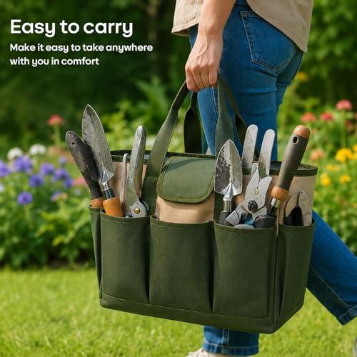 Foldable Garden Tool Tote Bag 8 Pocket Canvas Organizer (14x6in)