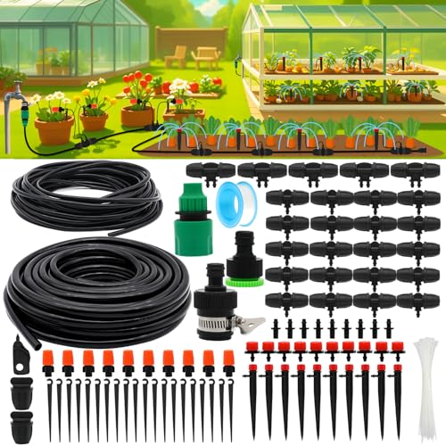 Drip Irrigation System, 100FT Drip Irrigation Kit for Garden - 50FT Main & 50FT Branch Tubing, Adjustable Nozzles for Drip or Mist Cooling, Irrigation System for Garden, Lawn, Patio, Raised Bed - size: 100FT