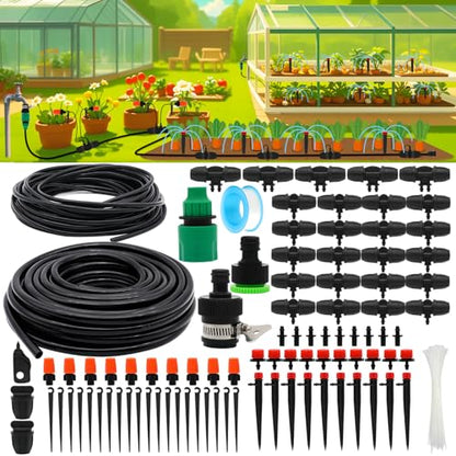 Drip Irrigation System, 100FT Drip Irrigation Kit for Garden - 50FT Main & 50FT Branch Tubing, Adjustable Nozzles for Drip or Mist Cooling, Irrigation System for Garden, Lawn, Patio, Raised Bed - size: 100FT
