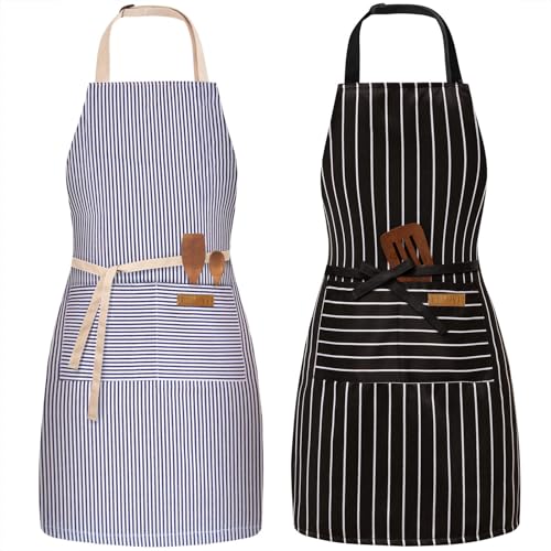BeLuyi 2 Pack Adjustable Bib Apron with 2 Pockets Chef Cooking Kitchen Restaurant Aprons for Women Men - color: Blue/Black Stripes