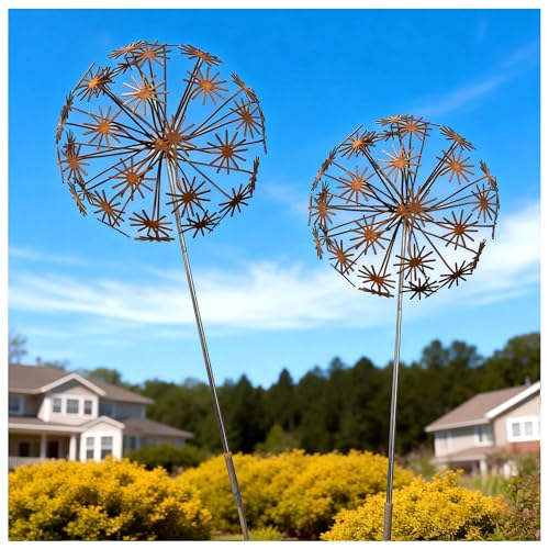 Rustic Dandelion Garden Stakes 2 Pack, 3D Rusty Metal Flowers Sculpture - color: Style 1