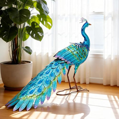31" L Metal Peacock Garden Statue,Handcrafted Outdoor Yard Art - color: 31"l Iridescent Blue Peacock