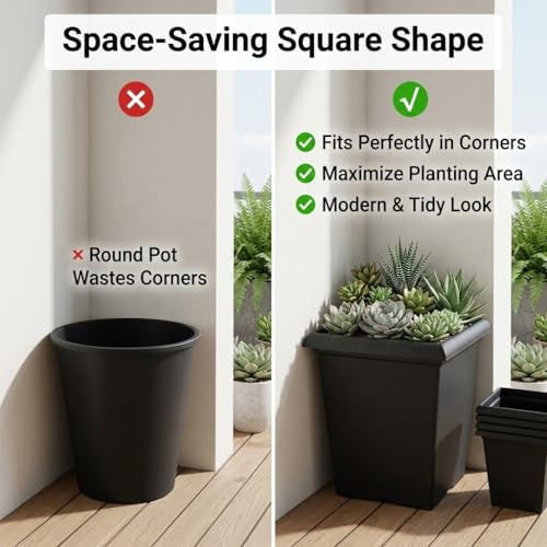 10 inch Heavy Duty Square Planters - 4 Pack Deep 13 inch Plastic Plant Pot - color: Black