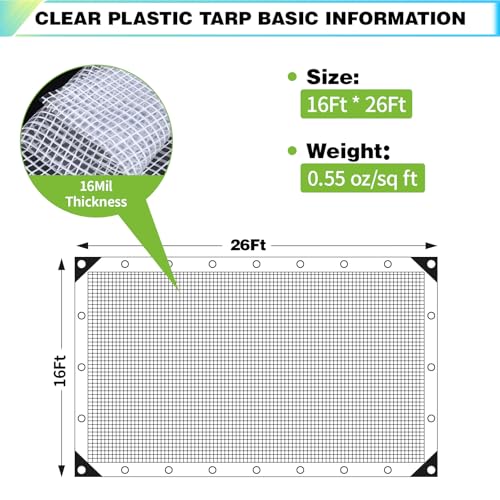 16x26Ft Clear Greenhouse Plastic Covering Tarp for Chicken Coop(16mil) - size: 16x26FT
