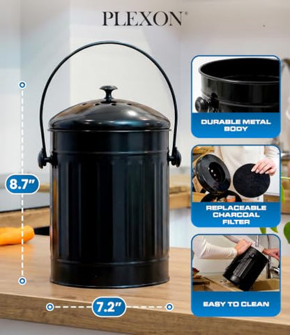 Plexon Countertop Compost Bin Kitchen Indoor with Lid, Black 1.5 Gall - color: Black