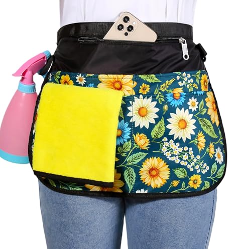 Bafelia Small Size Cleaning Caddy Apron for Women with 5 Pockets, Professional Waterproof Cleaning Supplies for Housekeepers - color: Green Flowers