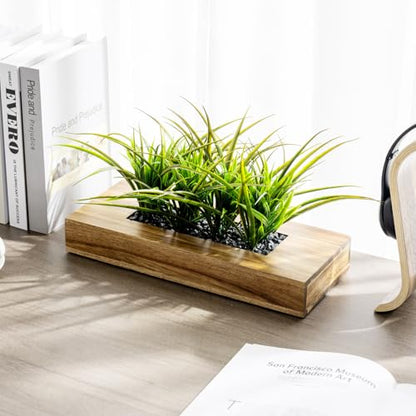 MyGift Artificial Grass Plant in Rectangular Wood Planter (Acacia, 10 Inch) - color: Acacia Wood, size: 14 Inch